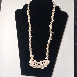 Carved  shell flower necklace fixed loop boho costal statement  chunky  vintage